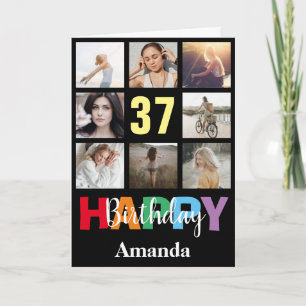 37th Happy Birthday Photo Collage Modern Black Card