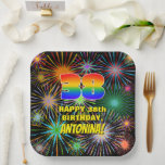 [ Thumbnail: 38th Birthday: Colorful, Fun Celebratory Fireworks Paper Plates ]