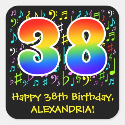 38th Birthday Colorful Music Symbols Rainbow 38 Square Sticker