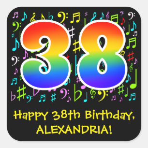 38th Birthday: Colorful Music Symbols, Rainbow 38 Square Sticker