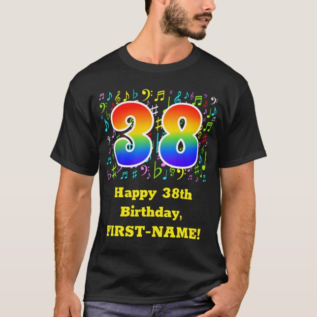 38th Birthday: Colorful Music Symbols, Rainbow 38 T-Shirt (Front)