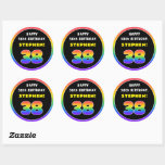 [ Thumbnail: 38th Birthday: Colorful Rainbow # 38, Custom Name Round Sticker ]