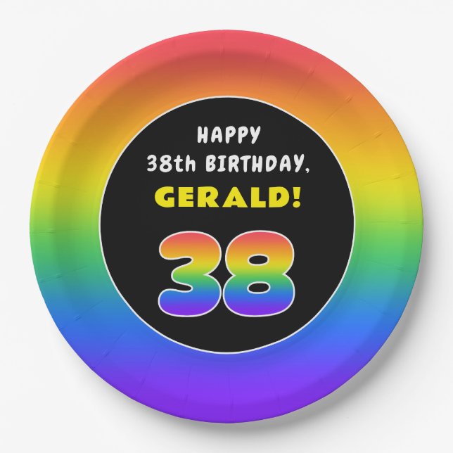 38th Birthday: Colorful Rainbow # 38, Custom Name Paper Plates (Front)