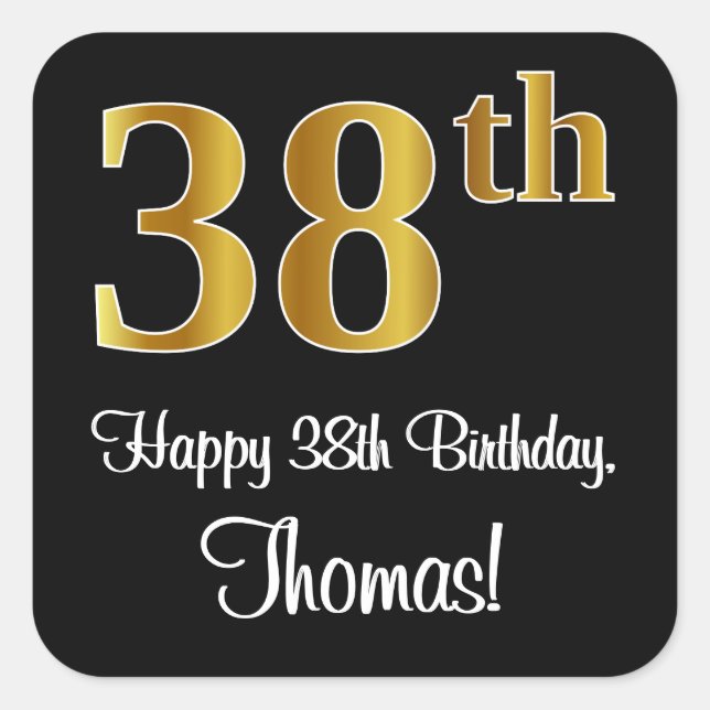 38th Birthday – Elegant Luxurious Faux Gold Look # Square Sticker (Front)