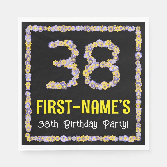 38th Birthday: Floral Flowers Number, Custom Name Napkins (Front)