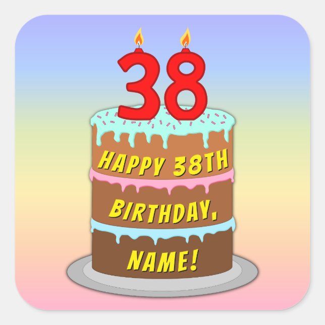 38th Birthday: Fun Cake and Candles + Custom Name Square Sticker (Front)