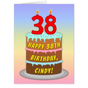 38th Birthday: Fun Cake & Candles, w/ Custom Name Card
