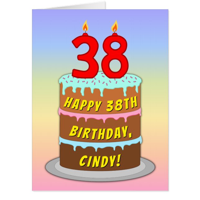 38th Birthday: Fun Cake & Candles, w/ Custom Name Card (Front)