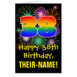 [ Thumbnail: 38th Birthday: Fun Fireworks Pattern & Rainbow 38 Card ]
