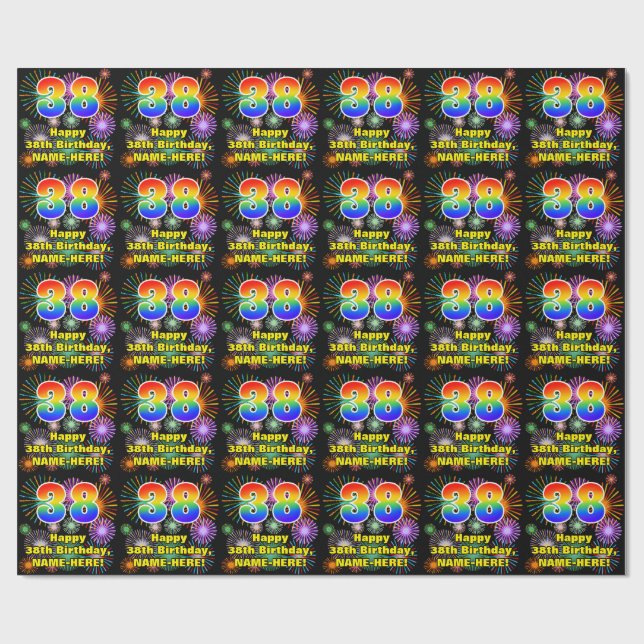 38th Birthday: Fun Fireworks, Rainbow Look # “38” Wrapping Paper (Flat)