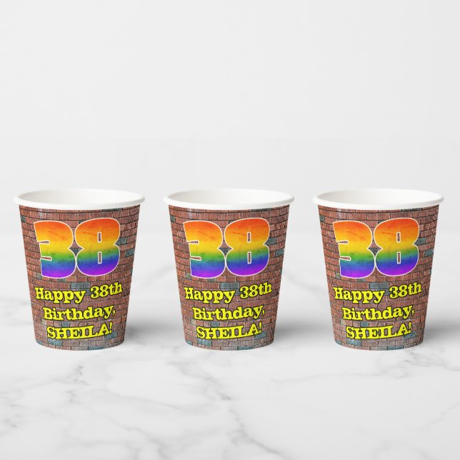 38th Birthday: Fun Graffiti-Inspired Rainbow 38 Paper Cups (Multi)