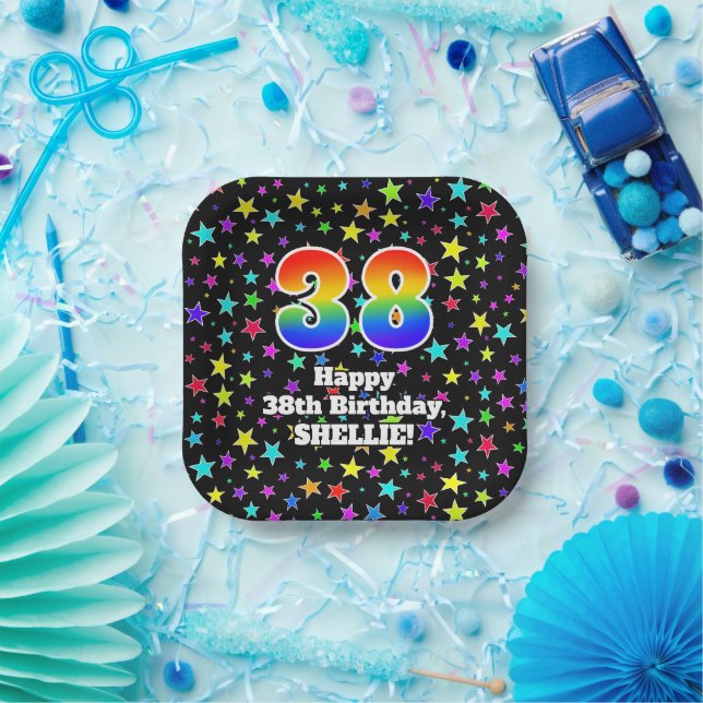 38th Birthday: Fun Stars Pattern and Rainbow “38” Paper Plates (Party)