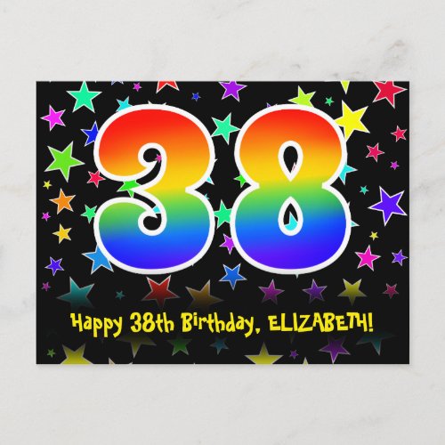 38th Birthday Fun Stars Pattern Rainbow 38 Name Postcard