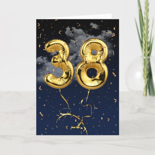 38th Birthday Gold Mylar Balloon and Confetti Card