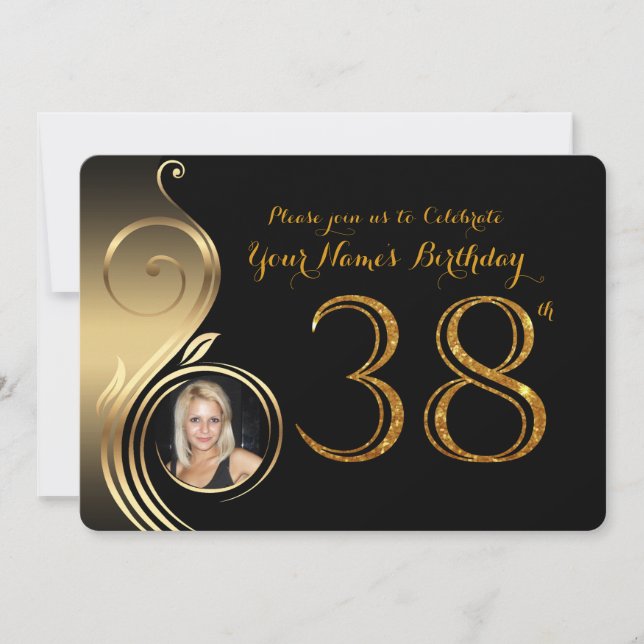 38th,Birthday Invitation,Number Glitter Gold,Photo Invitation (Front)