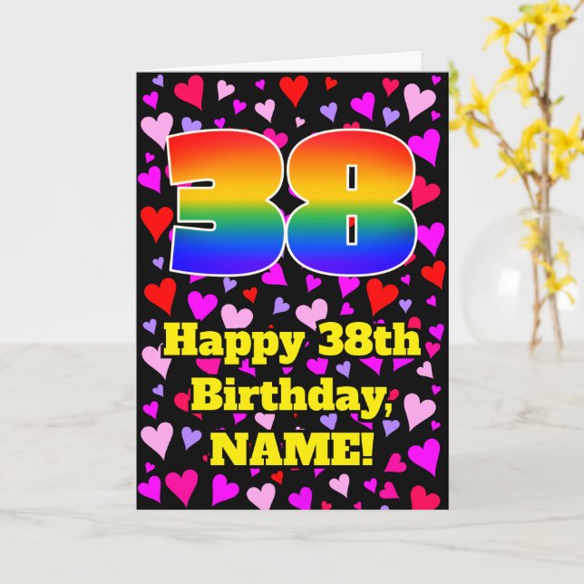 38th Birthday: Loving Hearts Pattern, Rainbow # 38 Card (Yellow Flower)