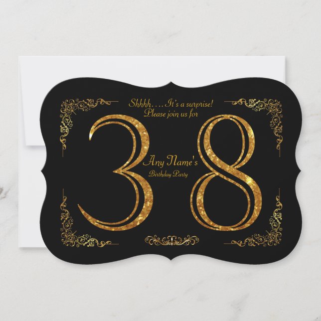 38th,Birthday party 38th,great Gatsby,black & gold Invitation (Front)