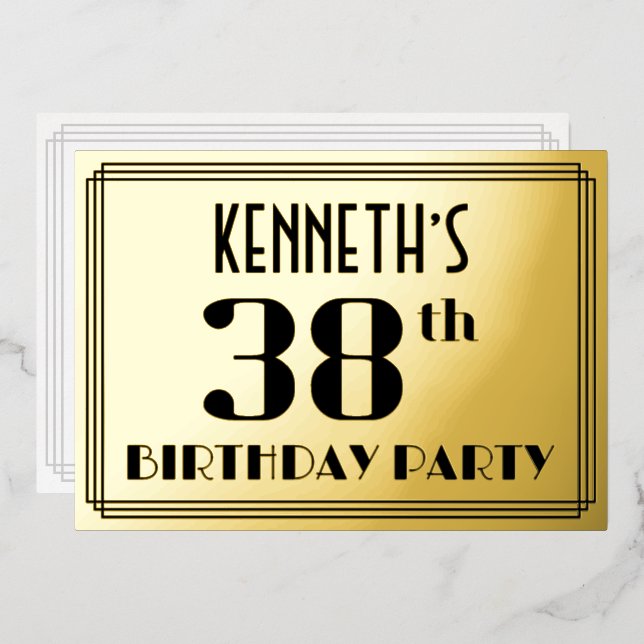 38th Birthday Party: Art Deco Look “38” and Name Foil Invitation (Front/Back)