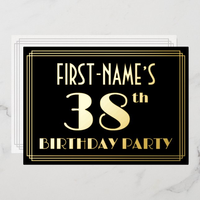 38th Birthday Party: Art Deco Look “38”, w/ Name Foil Invitation (Front/Back)