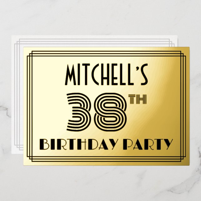 38th Birthday Party — Art Deco Style “38” & Name Foil Invitation (Front/Back)