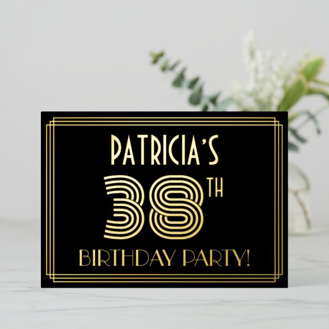38th Birthday Party — Art Deco Style “38” + Name Foil Invitation (Standing Front)