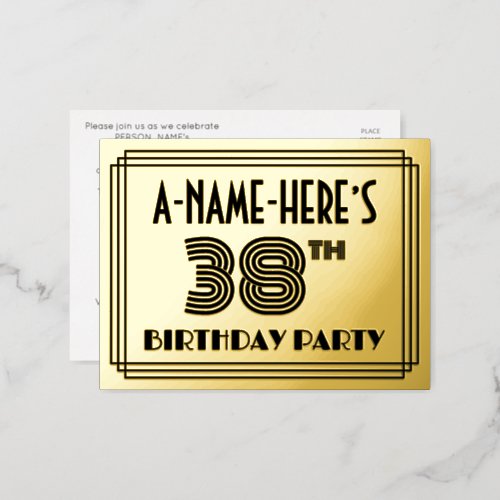 38th Birthday Party  Art Deco Style 38  Name Foil Invitation Postcard
