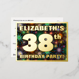 38th Birthday Party: Bold, Colorful Fireworks Look Foil Invitation Postcard