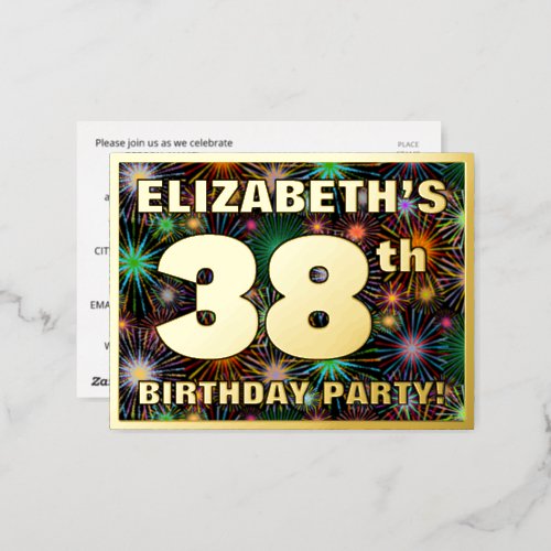 38th Birthday Party Bold Colorful Fireworks Look Foil Invitation Postcard