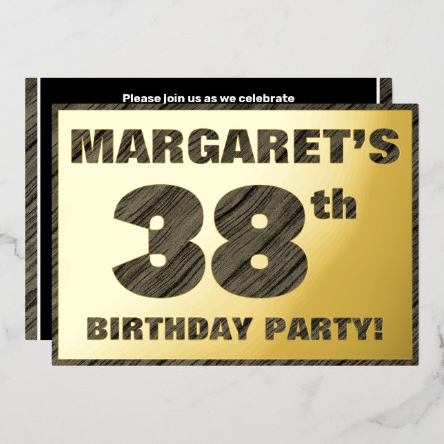 38th Birthday Party — Bold, Faux Wood Grain Text Foil Invitation (Front/Back)