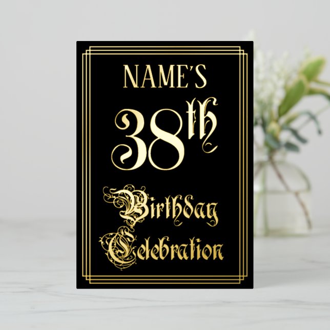 38th Birthday Party — Fancy Script & Custom Name Foil Invitation (Standing Front)
