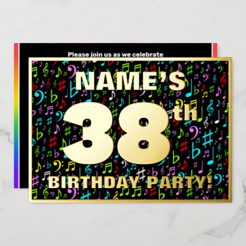 38th Birthday Party  Fun Colorful Music Symbols Foil Invitation