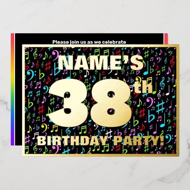 38th Birthday Party — Fun, Colorful Music Symbols Foil Invitation (Front/Back)