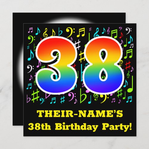 38th Birthday Party Fun Music Symbols Rainbow 38 Invitation