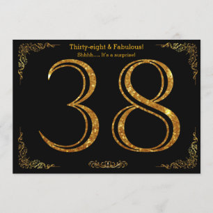 38th Birthday party,Gatsby styl,black gold glitter Invitation