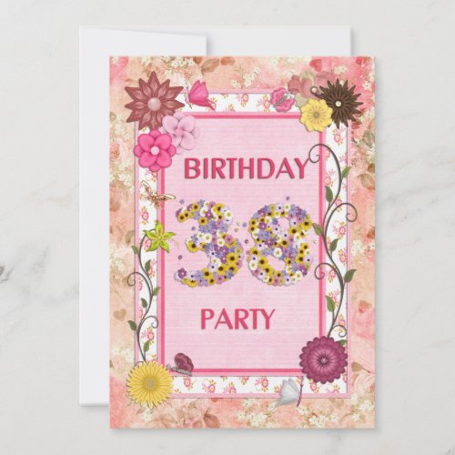38th birthday party invitation with floral frame