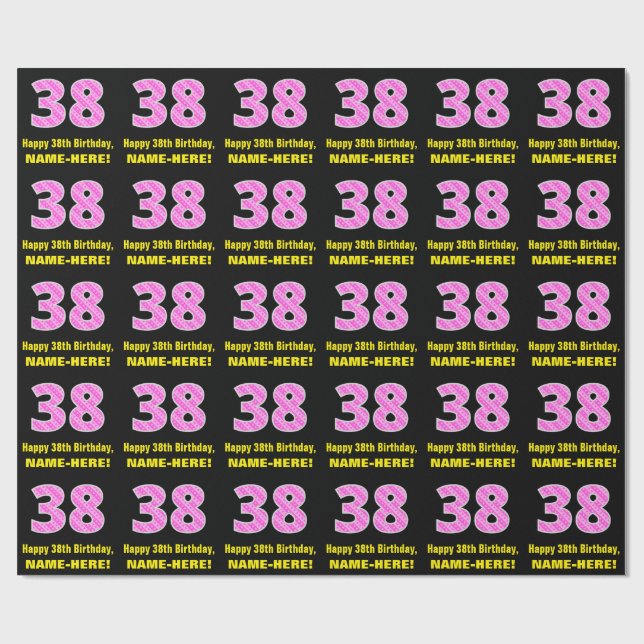 38th Birthday: Pink Stripes and Hearts "38" + Name Wrapping Paper (Flat)