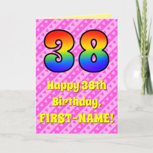 38th Birthday: Pink Stripes & Hearts, Rainbow # 38 Card