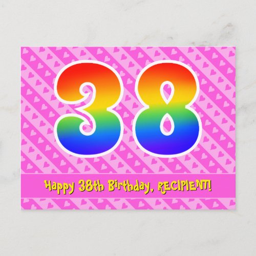 38th Birthday Pink Stripes  Hearts Rainbow 38 Postcard