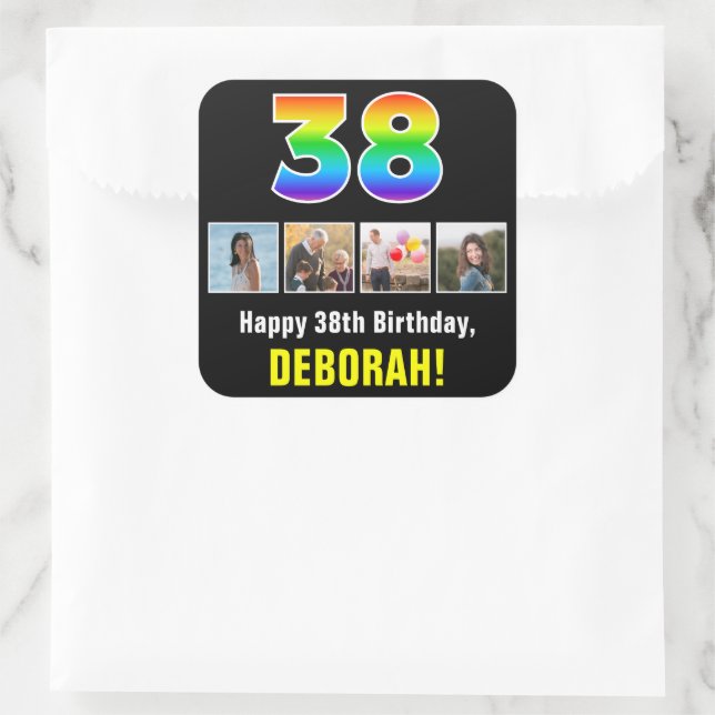 38th Birthday: Rainbow “38”; Custom Photos & Name Square Sticker (Bag)