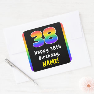 38th Birthday: Rainbow Spectrum # 38, Custom Name Square Sticker