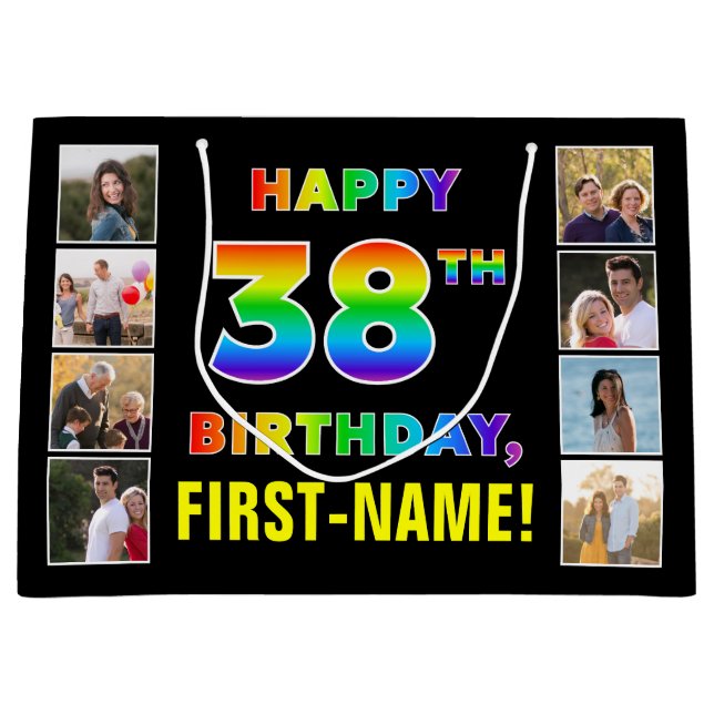 38th Birthday: Rainbow Text, Custom Photos & Name Large Gift Bag (Front)