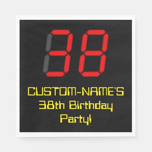 38th Birthday: Red Digital Clock Style "38" + Name Napkins (Front)