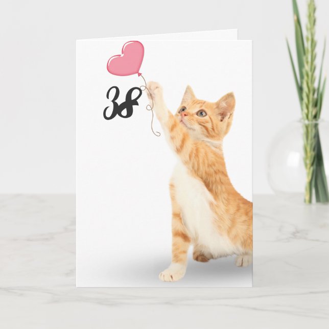 38th birthday tabby cat with heart balloon card (Front)