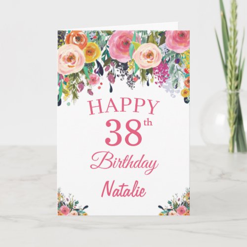 38th Birthday Watercolor Floral Flowers Pink Card