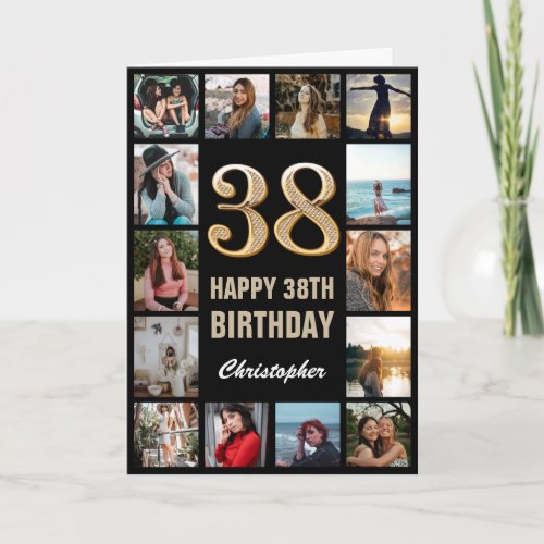 38th Happy Birthday Black and Gold Photo Collage Card