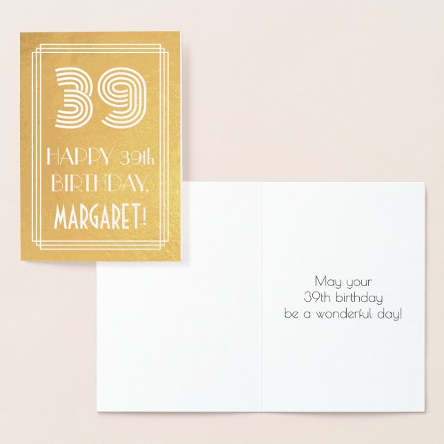 39th Birthday – Art Deco Inspired Look "39" + Name Foil Card (Display)