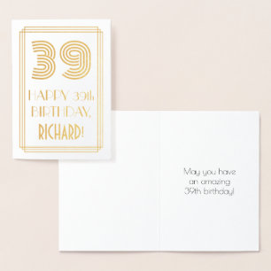 39th Birthday - Art Deco Inspired Look "39" & Name Foil Card