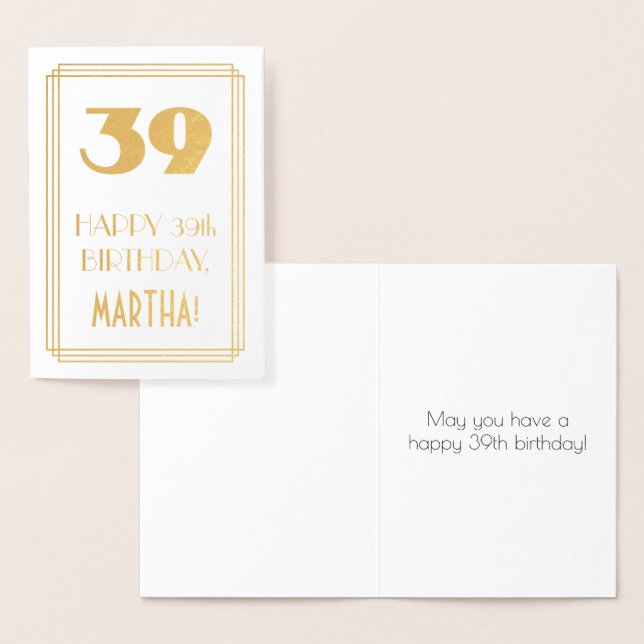 39th Birthday: Art Deco Inspired Look "39" & Name Foil Card (Display)