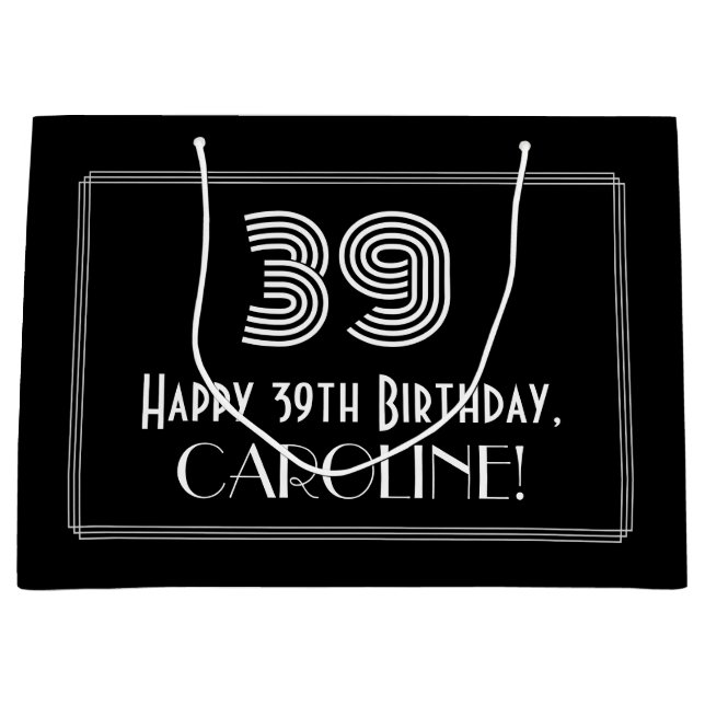 39th Birthday — Art Deco Inspired Look "39" & Name Large Gift Bag (Front)
