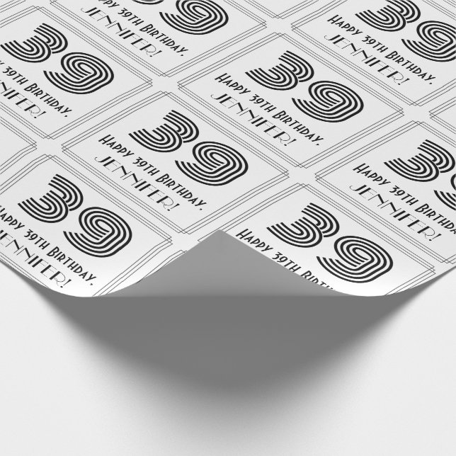 39th Birthday: Art Deco Inspired Style "39" + Name Wrapping Paper (Corner)